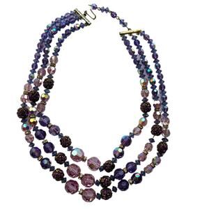 Vintage Beaded Purple Aurora Borealis Triple Strand Layered Statement Necklace